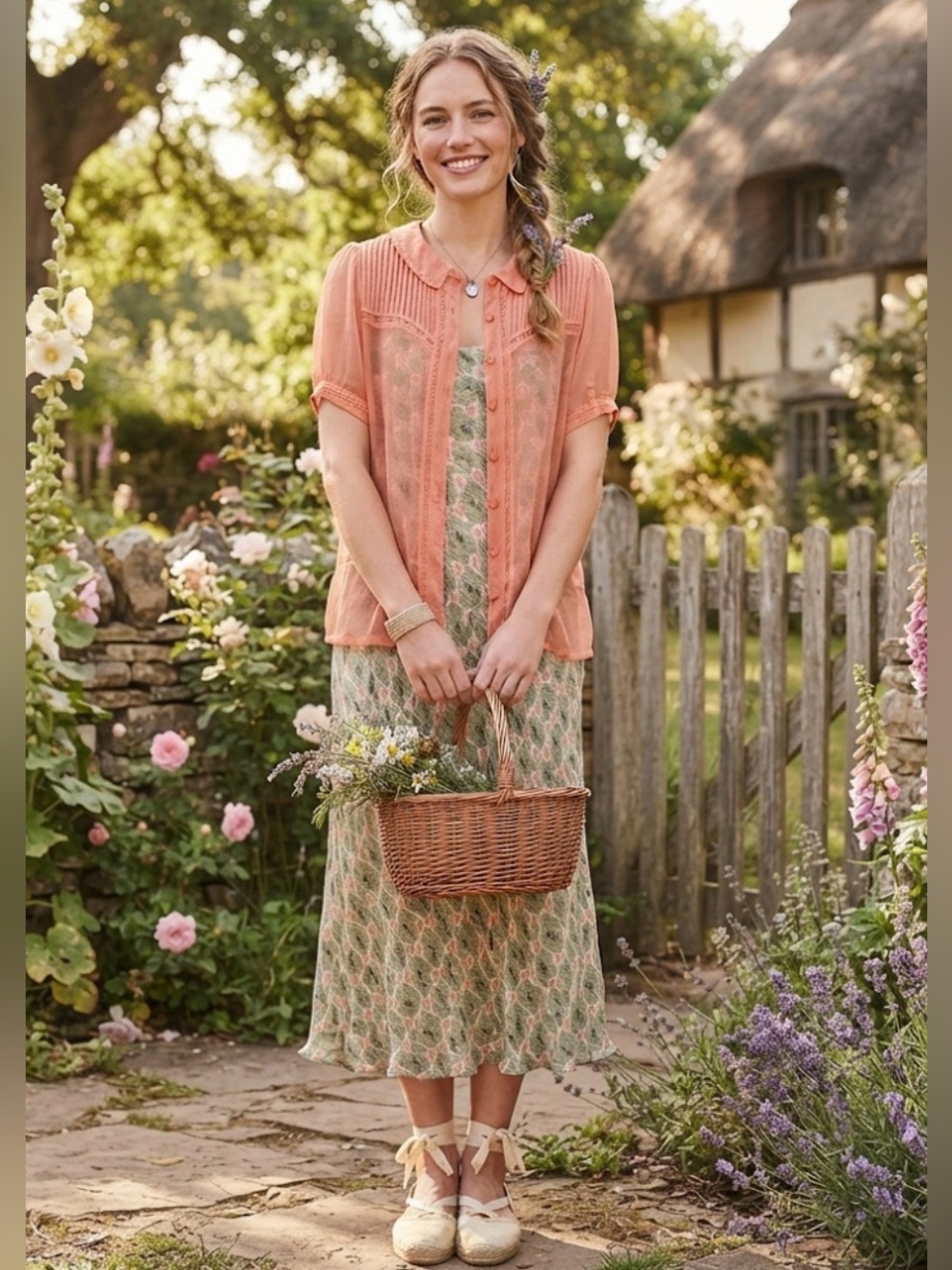 April Cornell 2 Piece Set Sheer Pin Tucked Blouse & Floral Maxi Dress